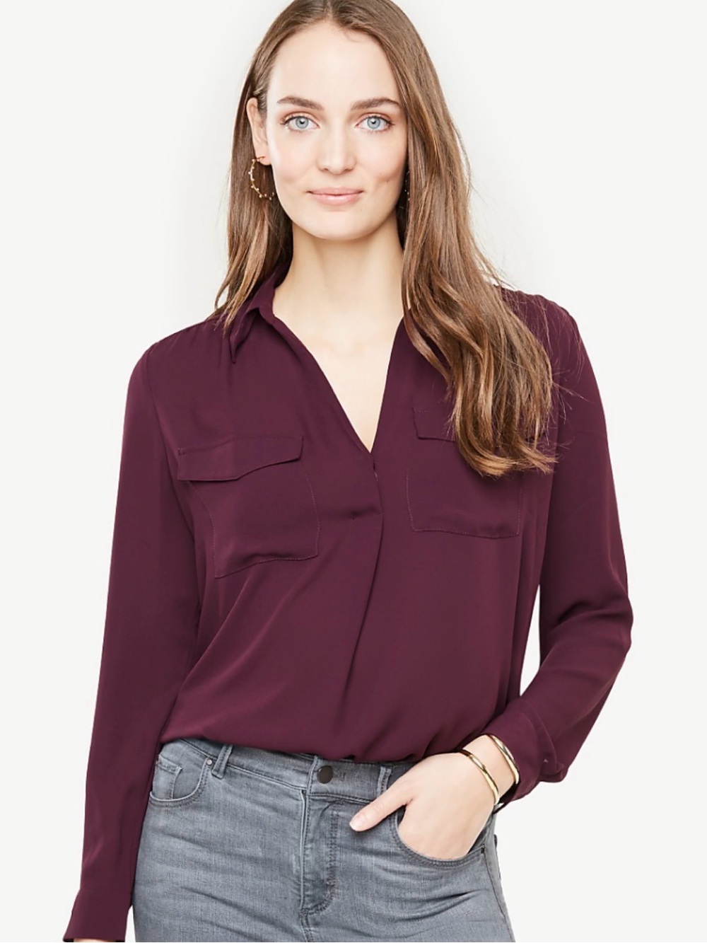 LOFT Women's Burgundy Button-Front Utility Shirt, medium